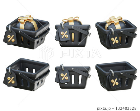 cartoon style black friday shopping basket with discount tag 3D graphic 132482528