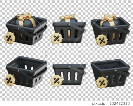 cartoon style black friday shopping basket with discount tag 3D graphic 132482530