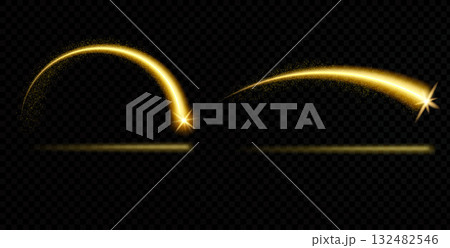 Magic shooting star with an arc and light trail set. Gold stardust sparkle, meteor arch. Flare shine light texture. Vector illustration effect by shine curve line on a night transparent background 132482546
