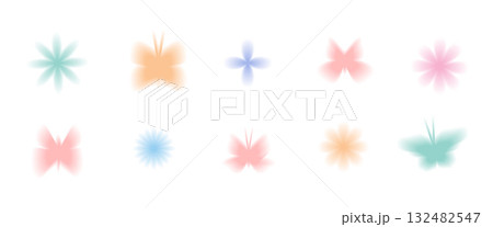 Blur pastel gradient icons set. Y2k retro butterfly and flower. Colorful gradation icons isolated. Florals and butterflies translucent. Trendy effect with blurry texture. Vector illustration 132482547