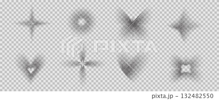 Grain gradient y2k shapes icons. Grainy noise sparkle, flower, butterfly signs set. Simple heart, circle and stars figures. Vector spray gradation figures isolated on transparent background 132482550