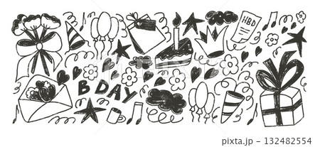 Happy birthday party ink drawn set. Celebration black and white doodle isolated on transparent background. Gift, confetti and cake with balloons for festive. Vector scribbles illustration by pencil 132482554
