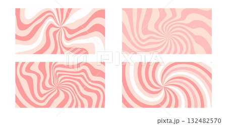 Twisted pink candy banners set. Cream texture sugar liquid starburst background. Retro spiral sun rays backdrop. Vector wavy dynamic lines decoration. Carnival stripes vintage design 132482570