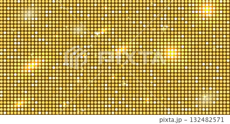 Golden disco ball inspired glitter mosaic pattern with sequin shine and sparkle texture. Circles halftone backdrop. Yellow party background with mirror light decoration. Vector illustration Golden disco ball inspired glitter mosaic pattern with sequin shine and sparkle texture. Circles halftone backdrop. Yellow party background with mirror light decoration. Vector illustration 132482571