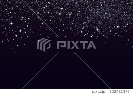 Snow glittering dust background. Shimmer spray effect for Christmas celebration banners. Shiny confetti, stardust white light powder texture. Festive particles on dark background. Vector illustration 132482575