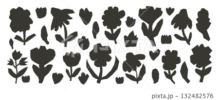 Flower paper cutouts silhouette set. Scrapbook black floral elements collection. Collage leaves, tulip wildflowers linocut shapes. Scrapbook handmade textured. Vector collages scissors cut figures 132482576