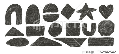 Grunge kid geometric shapes with noise set. Text boxes grainy textured frames. Arch, rectangles, triangle and circles charcoal elements. Vector hand drawn quotation stickers shapes. Gritty figures 132482582