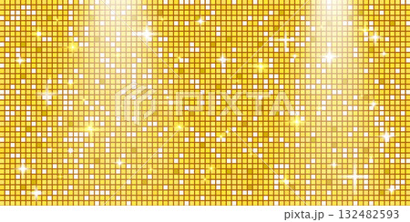 Golden disco ball mosaic background with glitter pixel texture. Shiny yellow gold sequin mirror pattern with dance floor decoration. Glam sparkle wall. Vector abstract bg illustration 132482593