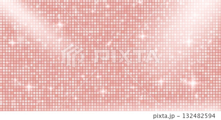 Pink disco ball mosaic background with spotlight. Mirror glitter gradient texture sequin backdrop. Rose gold dance floor with sparkles and shine lights. Glam halftone shimmer wall. Vector illustration 132482594
