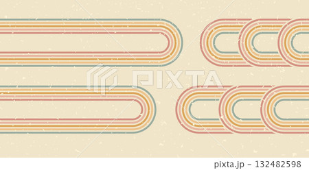 Groovy rainbow arch lines background. Wavy stripes and arc elements vintage colors cover. Playful squiggle wave arch wall design. Vector retro beige wiggle ornament. Overlay with 60s and 70s decor 132482598