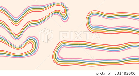 Groovy rainbow abstract lines background. Wavy dynamic stripes vintage colors cover. Playful liquid squiggle wave arch wall design. Vector retro beige wiggle ornament 132482600