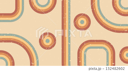 Retro rainbow lines and geometric shapes background. Horizontal banner with boho stripes and circles abstract pattern. Vector vintage underline geometric backdrop. Dynamic grunge noise wallpaper 132482602
