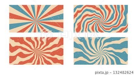 Groovy red and blue circus pinwheel set . Retro starburst backgrounds. Sun rays abstract illustration. Vector wavy carnival decoration. Radial stripes vintage backdrop. Sunburst 70s pop art design 132482624