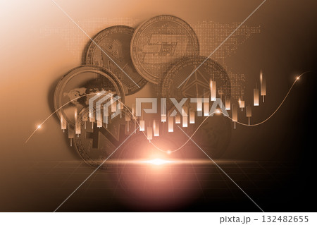 Modern way of exchange. Bitcoin is convenient payment in global economy market. Virtual digital currency and financial investment trade concept. Abstract cryptocurrency with gold bitcoin background. 132482655