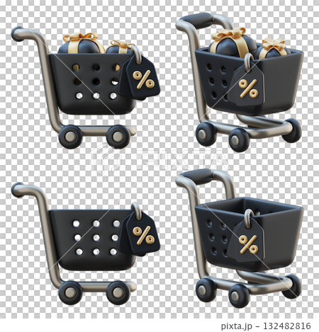 cartoon style black friday shopping cart with discount tag 3D graphic 132482816