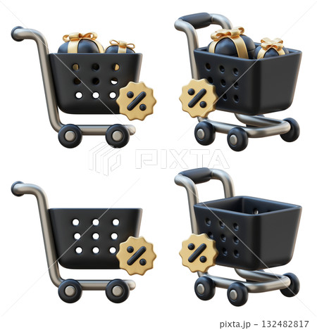 cartoon style black friday shopping cart with discount tag 3D graphic 132482817