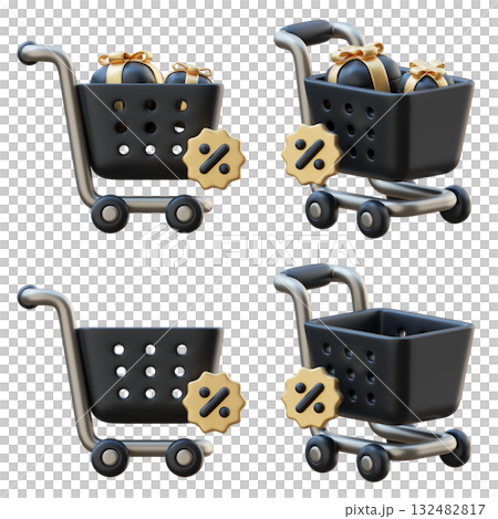 cartoon style black friday shopping cart with discount tag 3D graphic 132482817