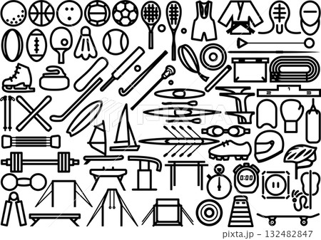 シンプルな線画のスポーツアイテムのセット シンプルな線画のスポーツアイテムのセット 132482847