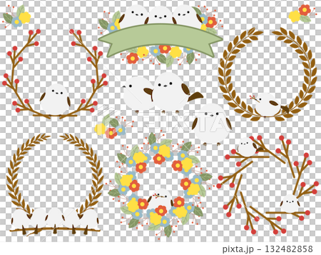 Cute long-tailed tit and plant frame set Cute long-tailed tit and plant frame set 132482858