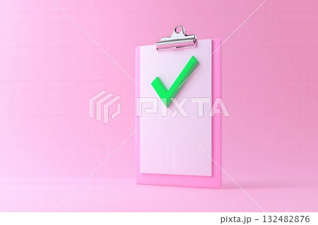 A Colorful Clipboard with a Green Check Mark Against a Soft Pink Background 132482876