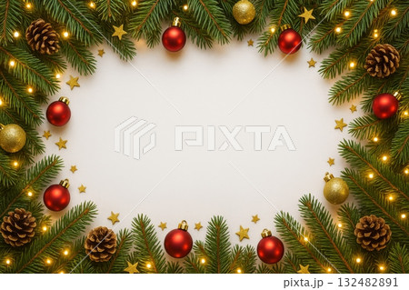 A Festive Christmas Frame Decorated with Red and Gold Ornaments 132482891