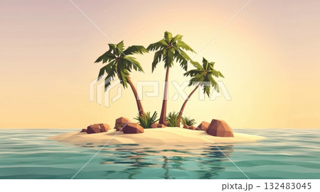 Low poly island with palm trees surrounded by calm polygonal ocean and sandy beach 132483045
