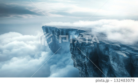 Mystic cliffside with swirling clouds and fog, jagged rocks faintly visible creating a serene, timeless atmosphere Mystic cliffside with swirling clouds and fog, jagged rocks faintly visible creating a serene, timeless atmosphere 132483079
