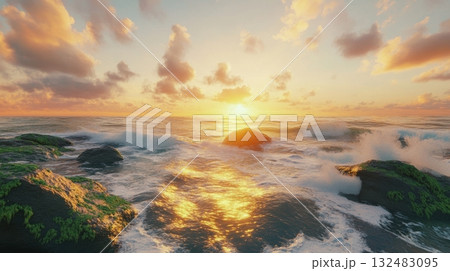 Golden sunrise over coastal cliffs with ocean waves crashing on mossy rocks Golden sunrise over coastal cliffs with ocean waves crashing on mossy rocks 132483095