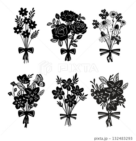 Bouquet of Flowers silhouette on white background.  132483293