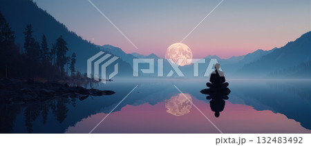 Man meditates peacefully at dawn by a tranquil mountain lake with a full moon shining 132483492