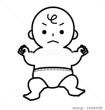 不機嫌そうなおむつ姿の赤ちゃん 132483789