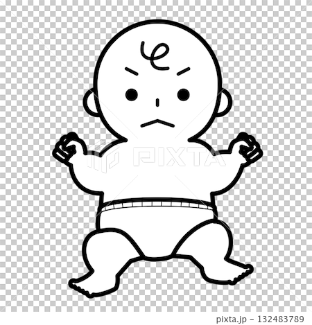 不機嫌そうなおむつ姿の赤ちゃん 132483789