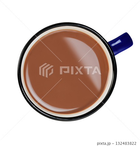 Top view of hot chocolate in blue ceramic cup isolated on white background 132483822