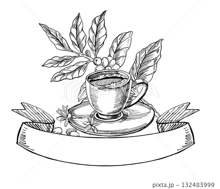A cup of coffee with a coffee tree branch and a sign. Realistic coffee-themed vector illustration for menu design, coffee shop interiors, signs, interior paintings, and poster printing. 132483999