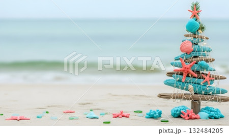 Tropical Christmas tree on the beach with sea shells 132484205