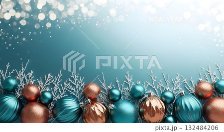 Elegant New Year background with festive baubles and bokeh lights. 132484206