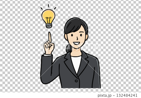 A businesswoman with an inspired expression and a light bulb icon (upper body, simple color) 132484241