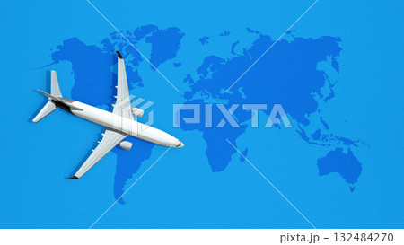 Airplane with world map on a blue background. Template or Copy space. Concept of travel, tourism or aviation. Flat lay style 132484270