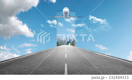Street through cellphone screen with airplane flying in the sky above the skyscrapers with blue sky background. Travel by airplane concept 132484313