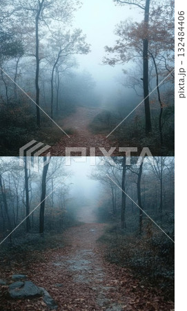 Misty forest path with autumn leaves. Concept of nature, tranquility, and exploration. 132484406