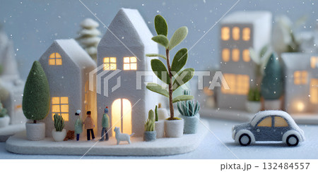 冬の街並み/雪と暖かい灯りの家々（フェルト・3D） Winter Townscape 132484557