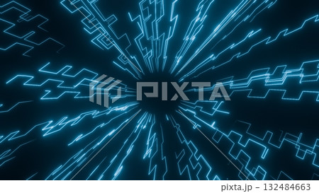 沢山の凹凸した光る線が中央から放射状に伸びる集中線のエフェクト背景。サイバー風のネオンイラスト 沢山の凹凸した光る線が中央から放射状に伸びる集中線のエフェクト背景。サイバー風のネオンイラスト 132484663