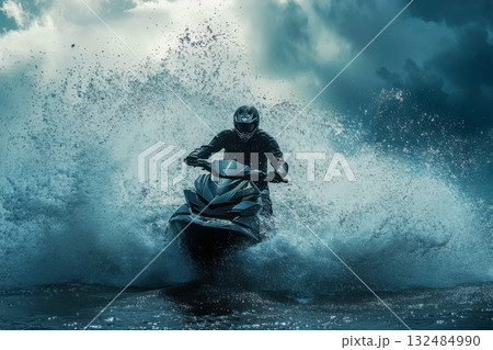 A skilled jet skier rides through turbulent waters, creating large splashes against dark, stormy skies in the late afternoon 132484990