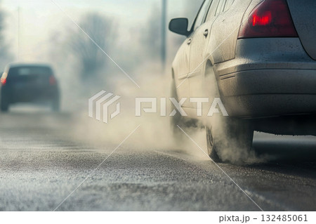Two cars travel down a wet road, with one emitting exhaust fumes while surrounded by early morning mist 132485061
