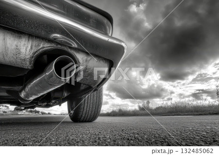 A low-angle view of a car's exhaust pipe against a cloudy sky while parked on a road, highlighting the vehicle's details A low-angle view of a car's exhaust pipe against a cloudy sky while parked on a road, highlighting the vehicle's details 132485062