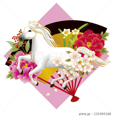 午年　年賀状素材　ピンク四角に扇に白馬 132485166