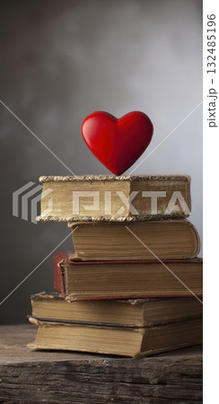 Red heart balancing on old vintage books Red heart balancing on old vintage books 132485196