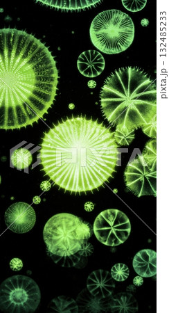 Green glowing diatoms floating in dark water Green glowing diatoms floating in dark water 132485233