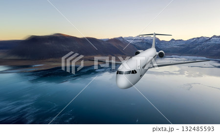 Airplane flying in the sky above the ocean with cloudscapes background. Travel by airplane concept Airplane flying in the sky above the ocean with cloudscapes background. Travel by airplane concept 132485593