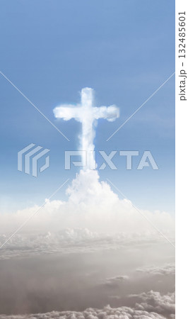 Christian cross of cloud shape with clear sky background. Concept of Christianity, religious, faith, Jesus, or belief 132485601